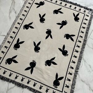 Playboy Bunny Logo Blanket Throw Black White 48x60 Cotton Portugal Vintage Style